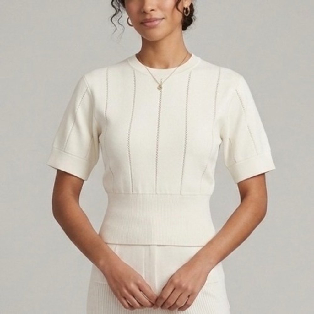 Simkhai Ivory Pointelle Knit Short Sleeve Top Ribbed Hem Crew Neck Cream Size XS